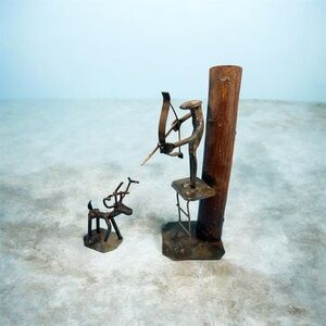 Vintage Bow Hunter and Deer Folk Metal Art